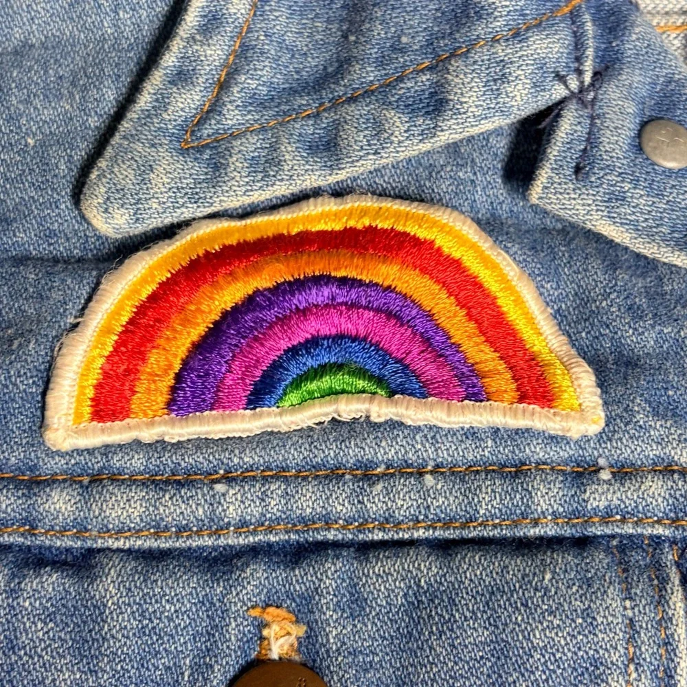 Vintage Wrangler Kids Denim Jacket Blue Patches Rainbow Canada Dry Made in USA